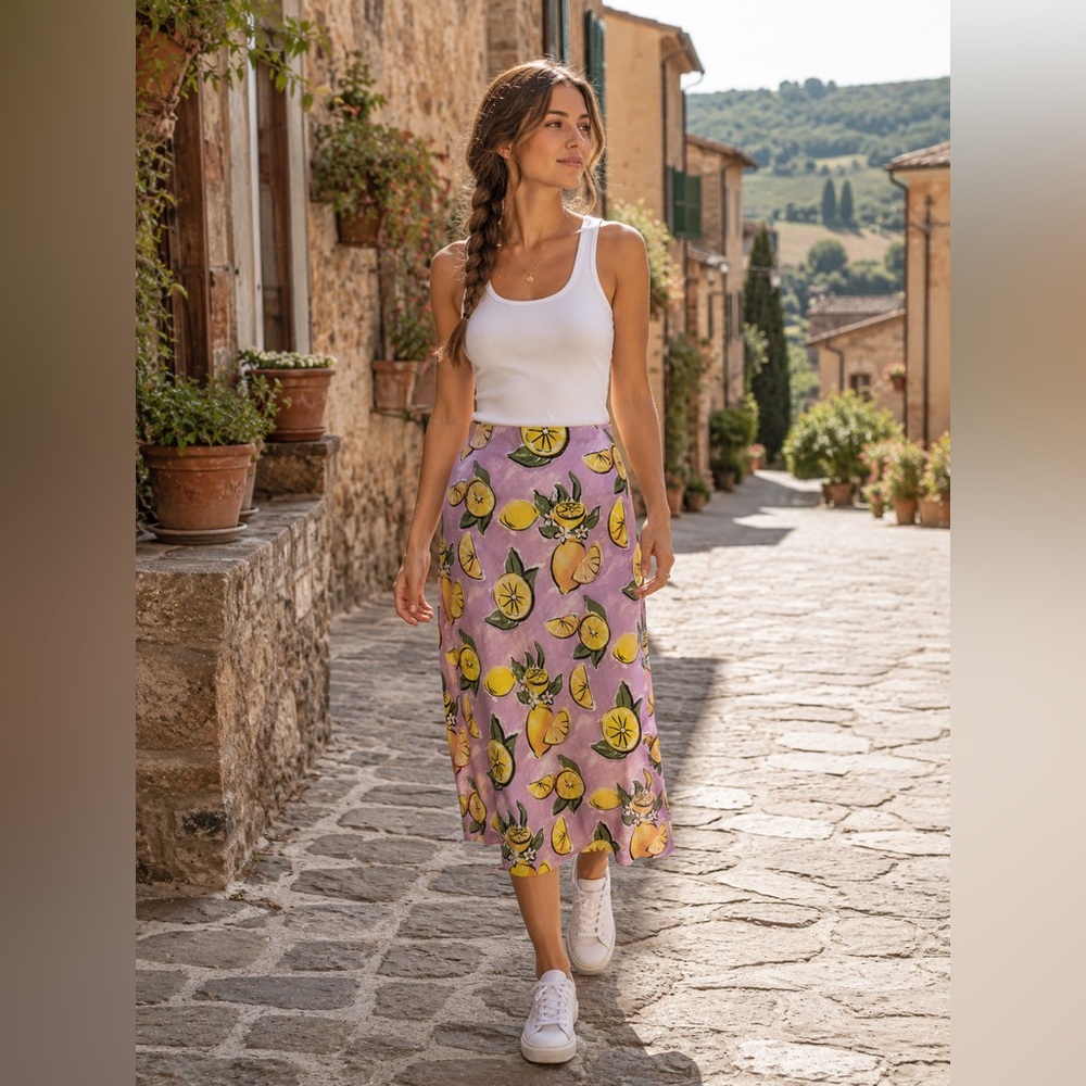 Zara Lavender Midi Skirt with Yellow Lemon Print
